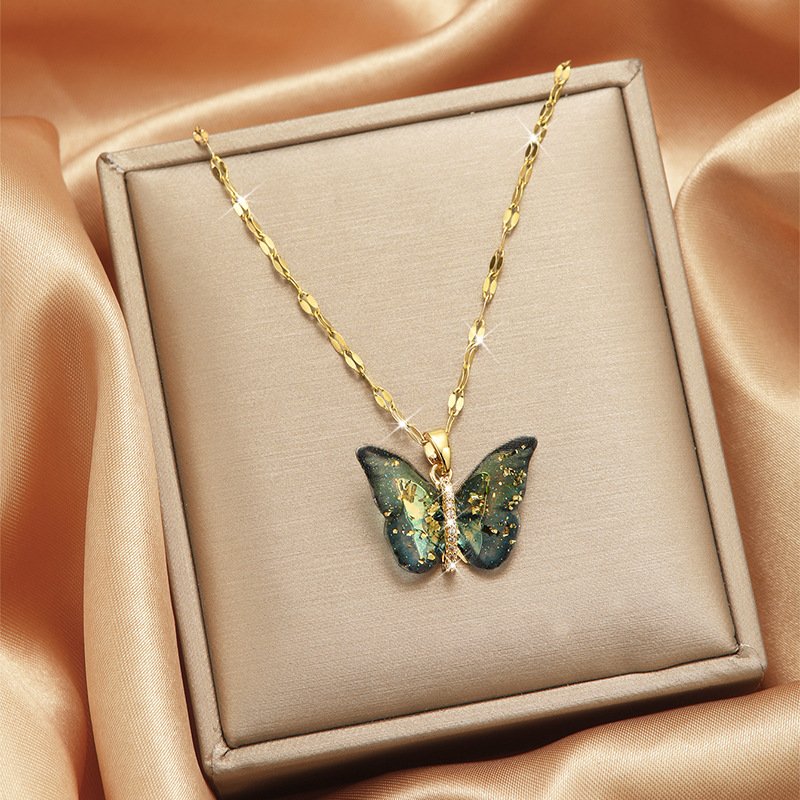 EVISPOL Elegant Gold Color Stainless Steel Necklace for Women Shiny Zirconia Butterfly Pendant Necklaces Jewelry pen gpt