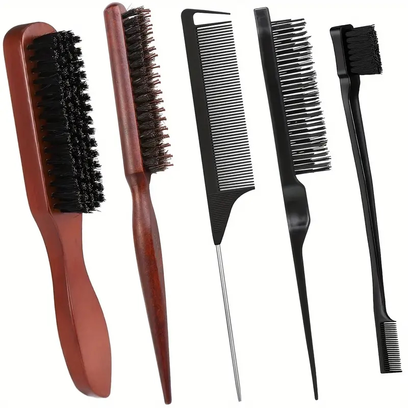 5pcs Boar Bristle Hair Brush Set with Edge Control - Slick Back, Teasing & Smoothing Combs for Men and Women