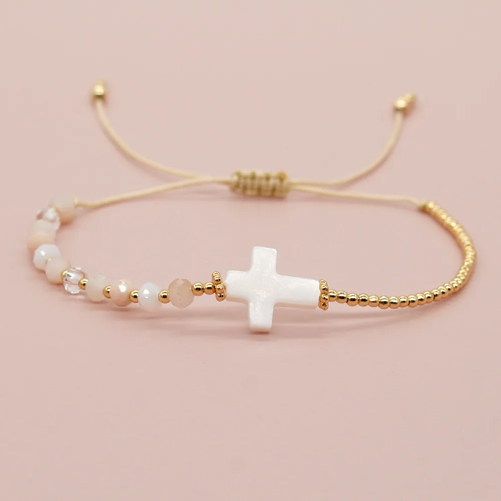 New cross-border European and American retro Bohemian style shell cross crystal copper bead bracelet women's bracelet jewelry