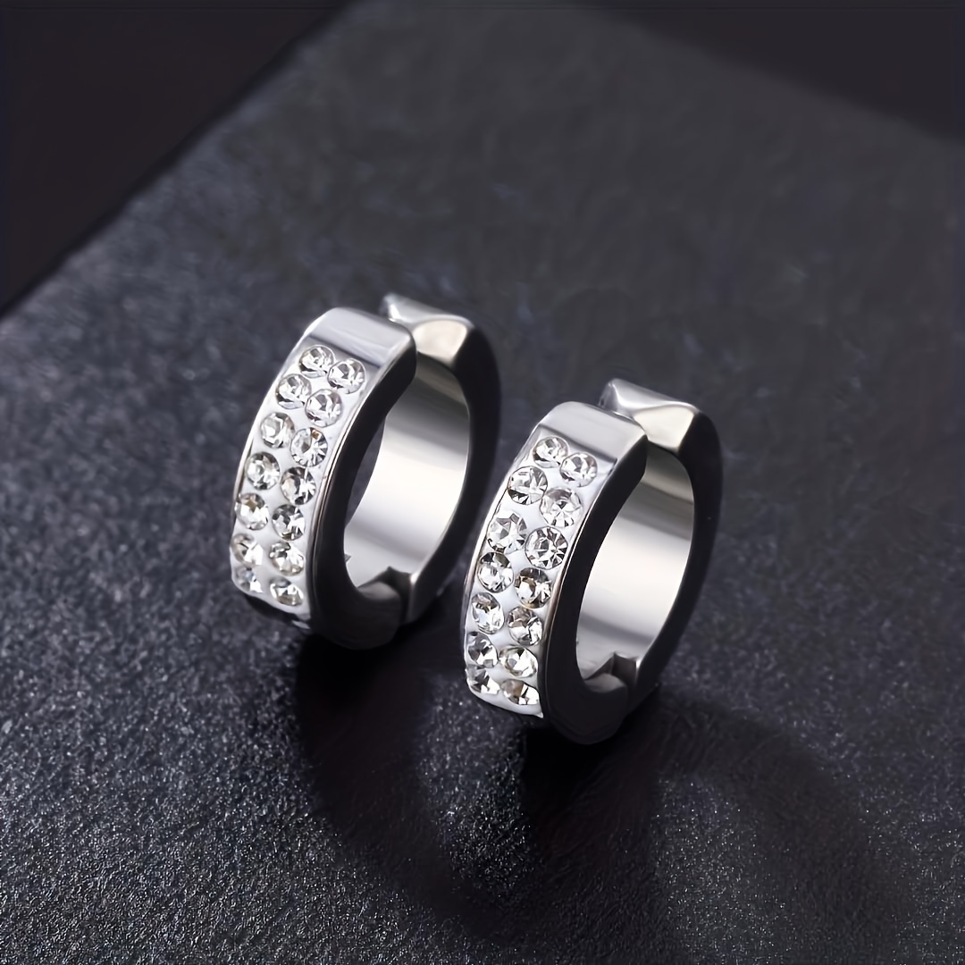 1pair Hip Hop Punk Fashion Stainless Steel 2 Row Cubic Zirconia Crystal Hoop Earrings for Men Women Daily Party Wear Jewelry