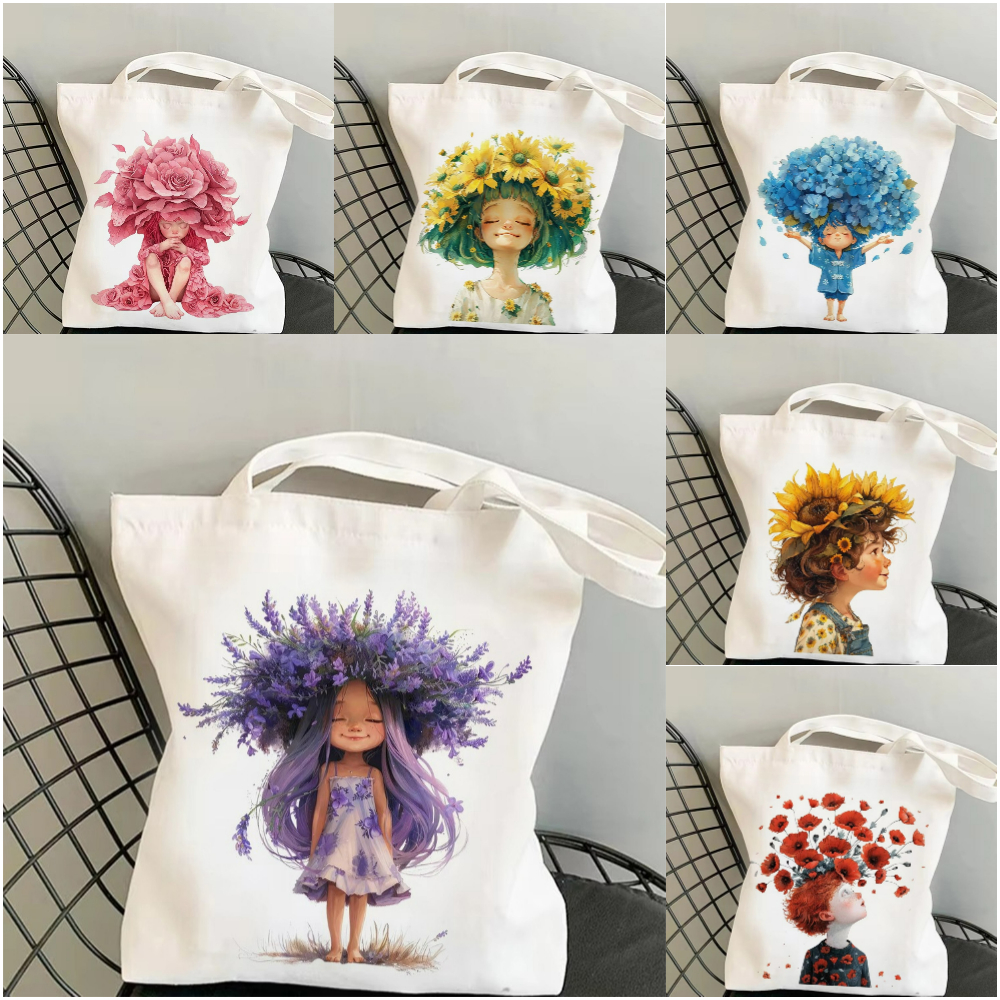 1pc Animated Floral Fantasy Canvas Bag Playful Anthropomorphic Plant Design Eco Friendly Tote for Daily Use Unique Style