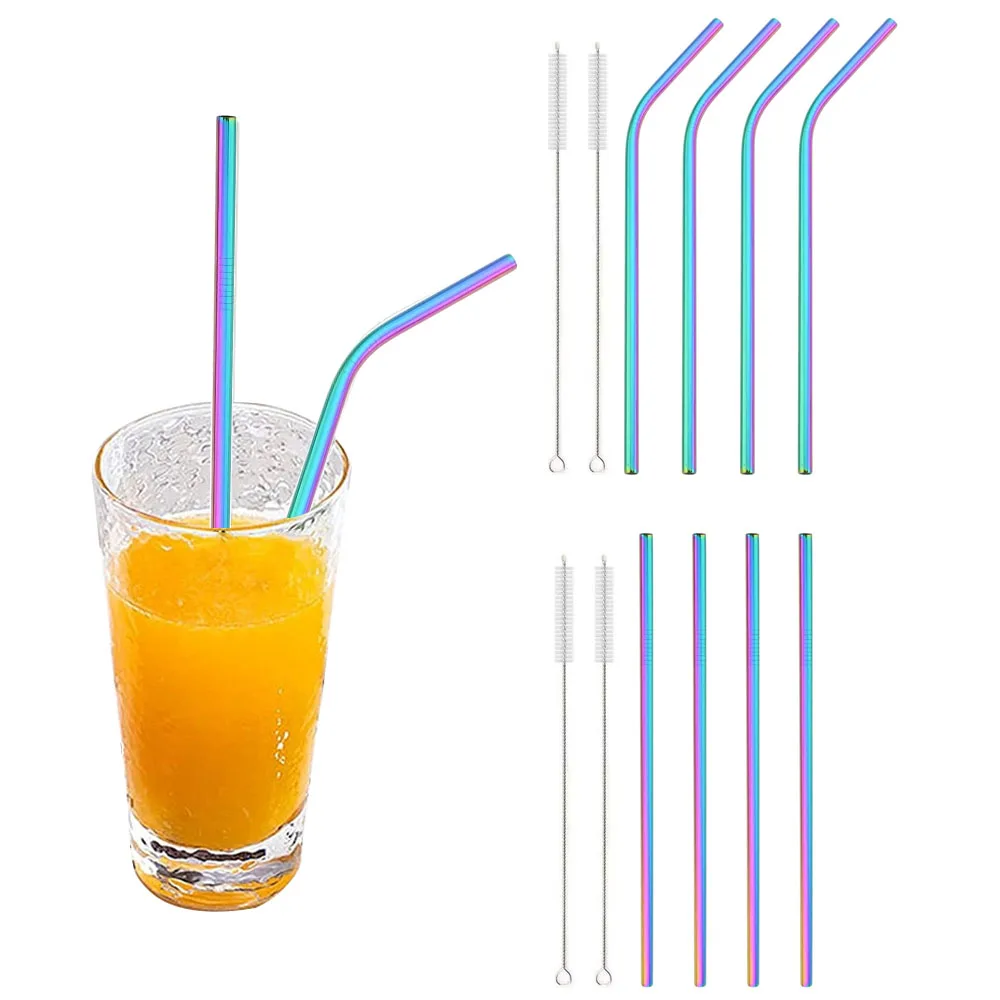 Rainbow Reusable Drinking Straw Metal Straws 304 Stainless Steel Straws Set with Brush Bar Cocktail Straw for Glasses Drinkware
