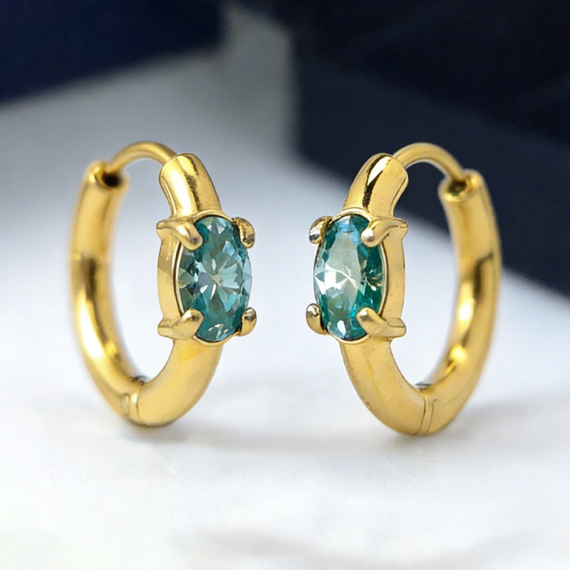 1 Pair 0.5Carat Stylish and Sparkling Oval Turquoise Synthetic Moissanite Golden Circular Ear Stud Earrings.