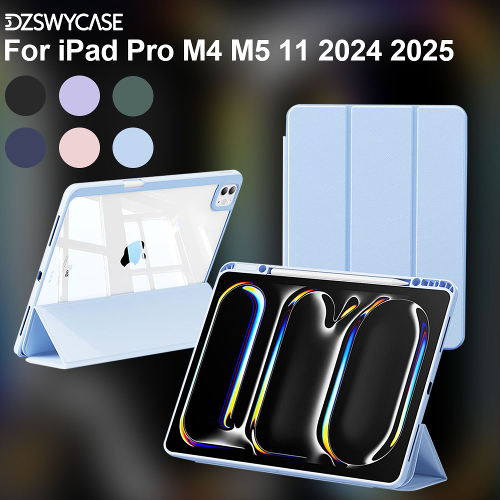 For iPad Pro M5/M4 2025 2024 11 Inch Case, with Pencil Holder, Trifold Stand Cover with Clear Hard Back, with Auto Wake/Sleep