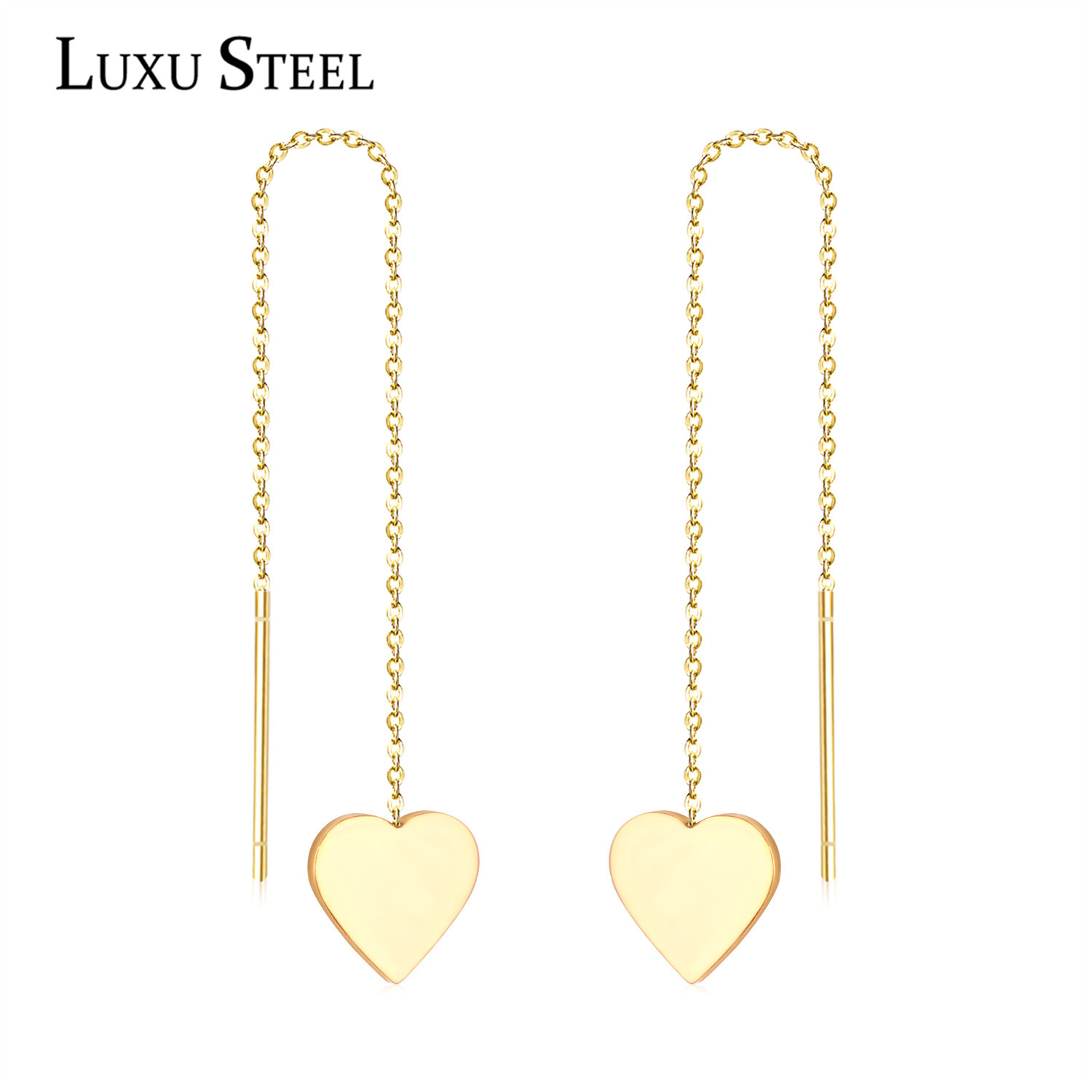LUXUSTEEL Heart Tassel Chains Drop Earrings Stainless Steel Minimalist Geometry Long Earring Collier Bijoux