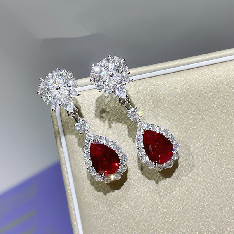 1 Pair Luxury Delicate Bright Red Zircon Water Drop Pendant Earrings Women's Wedding Party Aesthetic Earrings Anniversary pen gpt