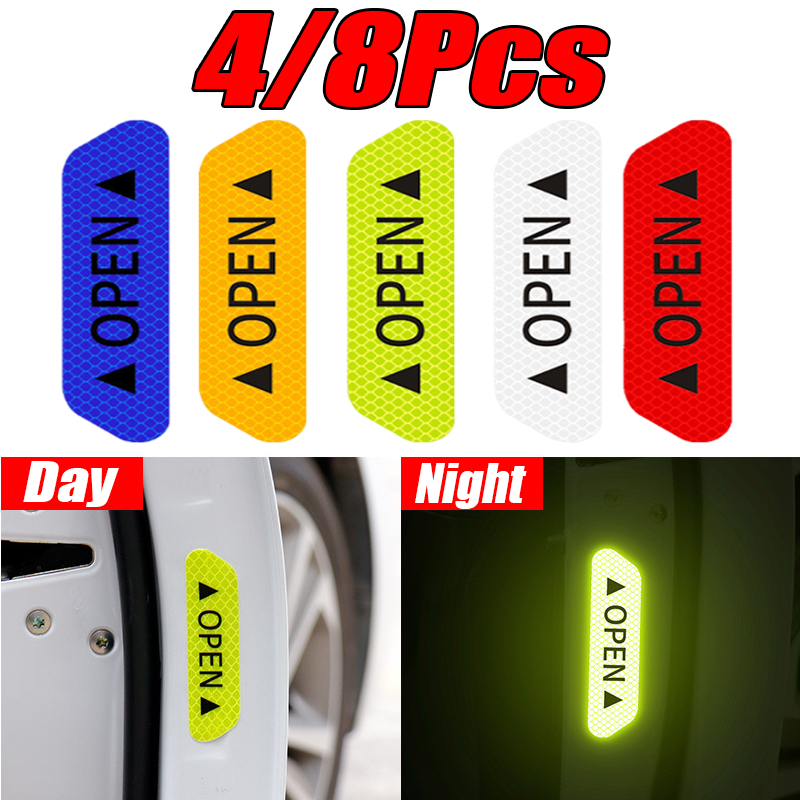 8Pcs/Set Car Open Reflective Stickers Tape Warning Mark Night Driving Safety Lighting Luminous Decor Auto Door Stickers Decal