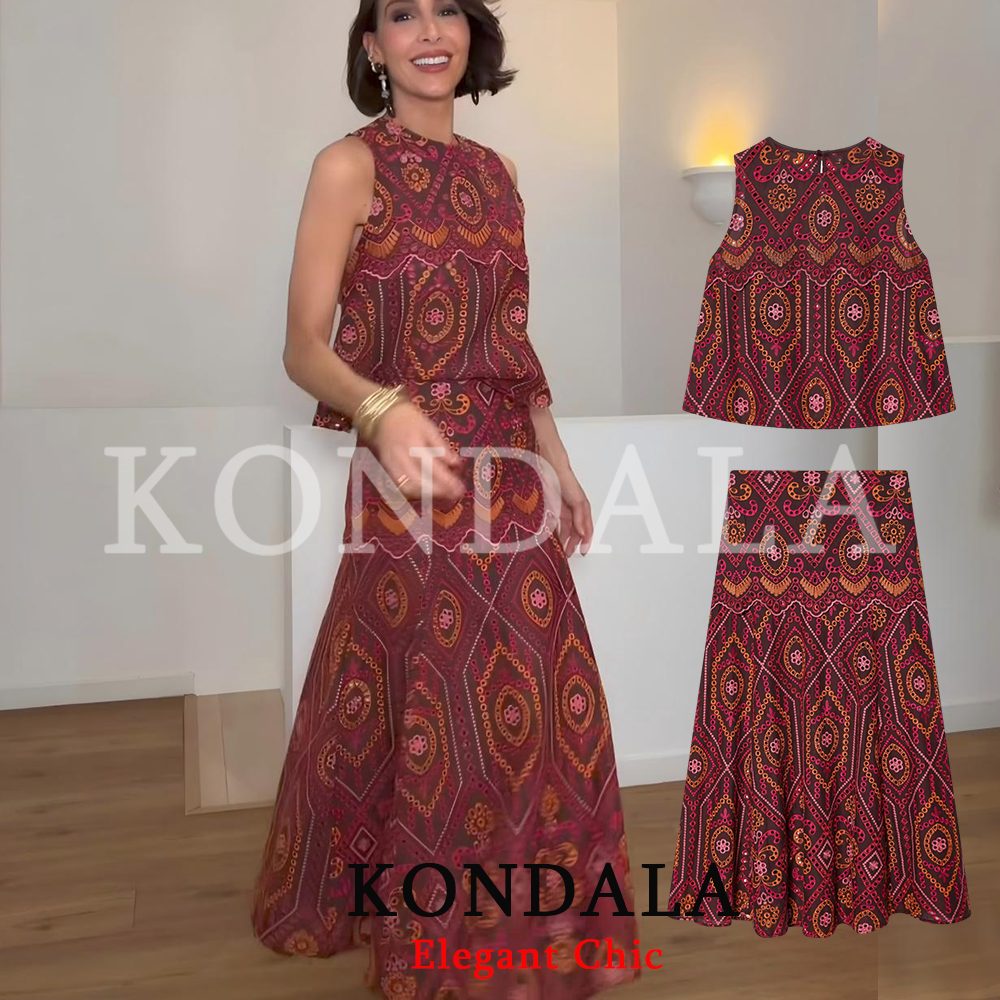 KONDALA Women Holiday Trendy Hollow Out Embroidery Skirt Set O-neck Vest Top Long Skirt New Fashion 2026 Spring Summer Beach Set