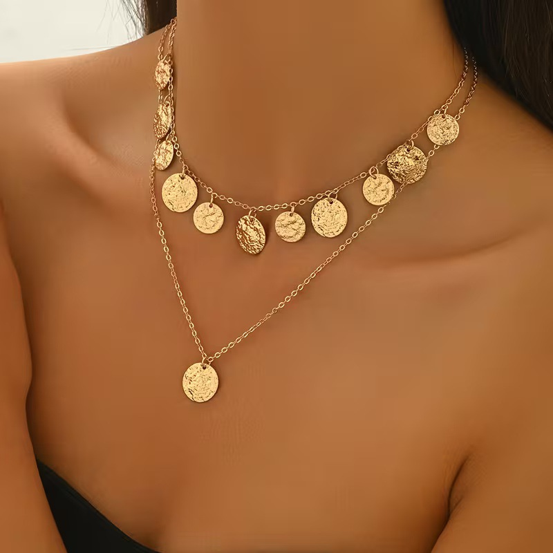2Pcs Gold Color Textured Coin Fringe Tiered Necklace Set Chunky Disc Pendant Layered Choker Fashion Y-Necklace for Party