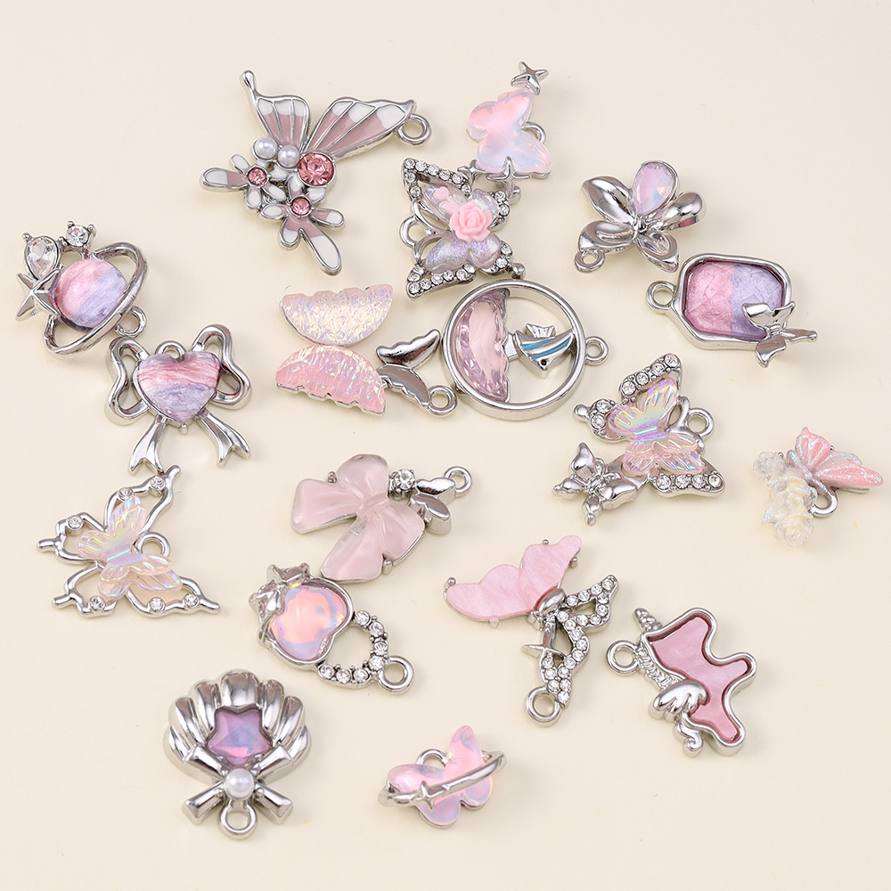 5pcs Pretty Silver Pink Color Crystal Heart Butterfly Charms for Pendants DIY Necklace Bracelets Earrings Jewelry Craft