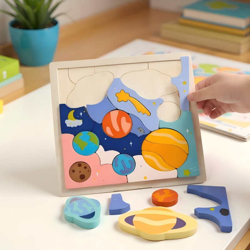 Wooden Creative Universe Puzzle, Planet Puzzle Building Blocks, Children's Educational Toys, Early Childhood Learning