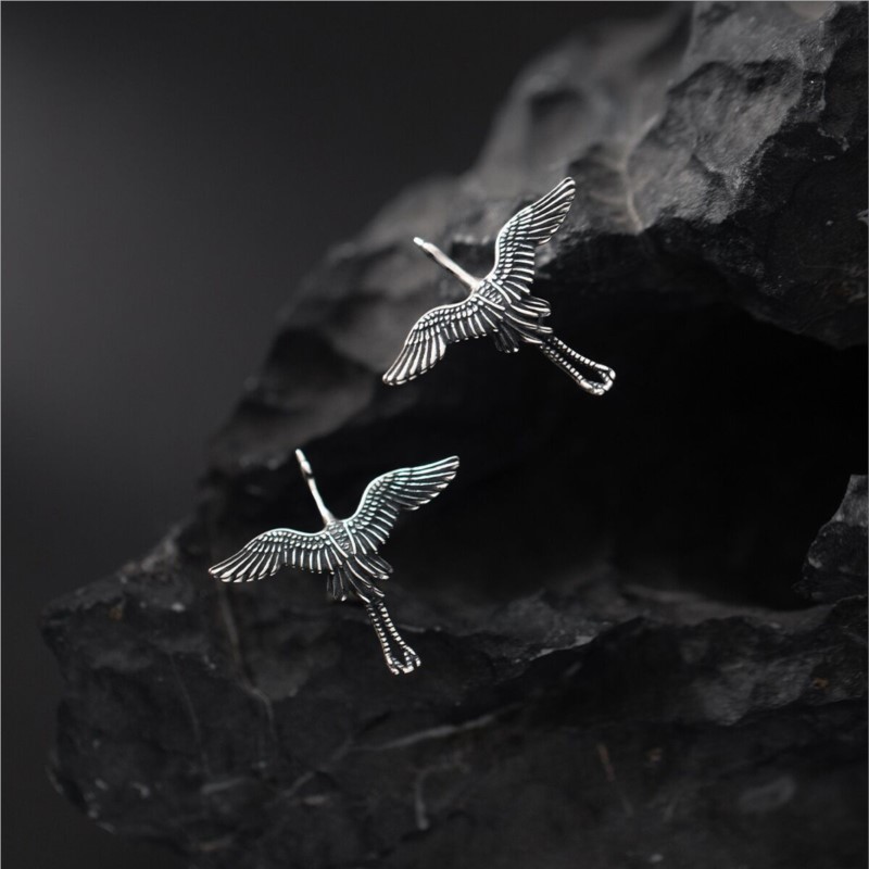 Retro Flying Crane Atmosphere Fashion 925 Sterling Silver Personality Bird Animal Earrings E026