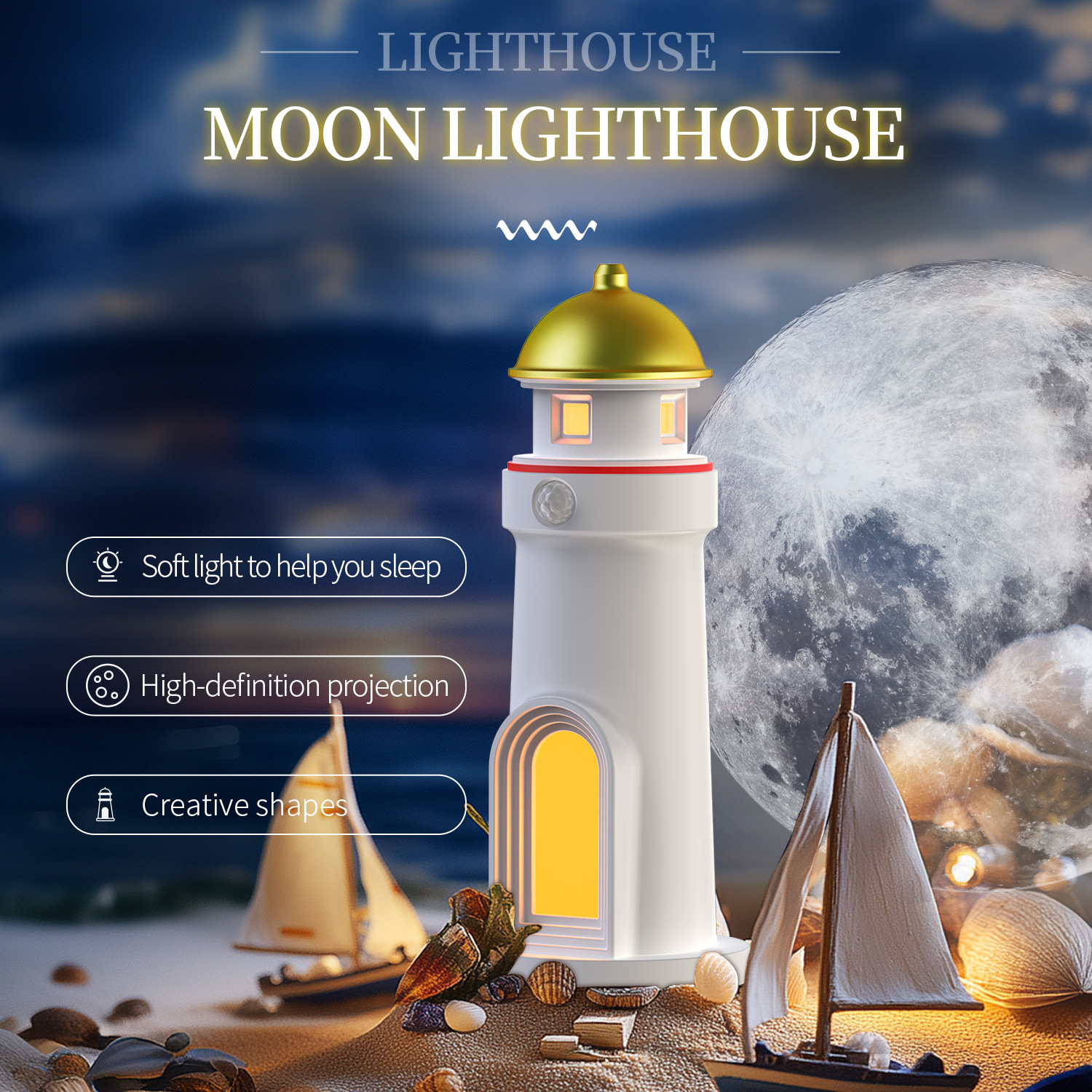 Moon Projection Lighthouse Night Light Motion Sensor Adjustable Brightness Atmosphere Lamp for Bedroom Birthday