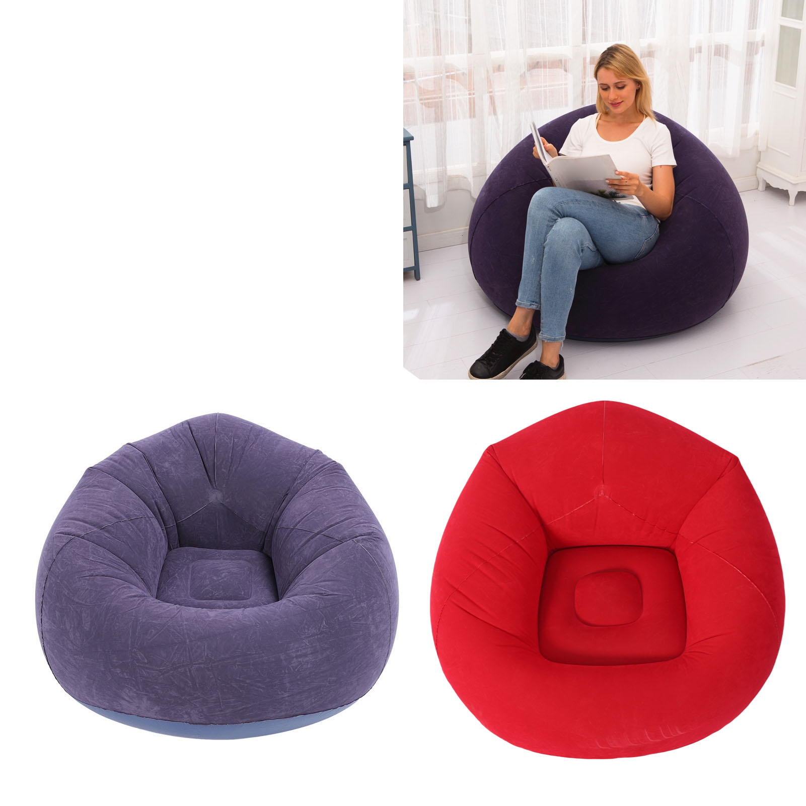 1Pc Inflatable Lounge Chair Sofa Flocking PVC Portable Folding Blow Up Sofa for Living Room Bedroom Balcony Office Travel