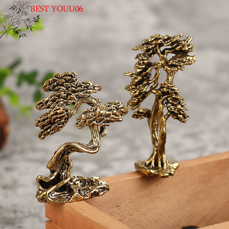 Hot 1Pc Brass Mini Welcome Pine Figurine Tree Miniature Landscape Small Bonsai Tree Statues Decorations Accessories
