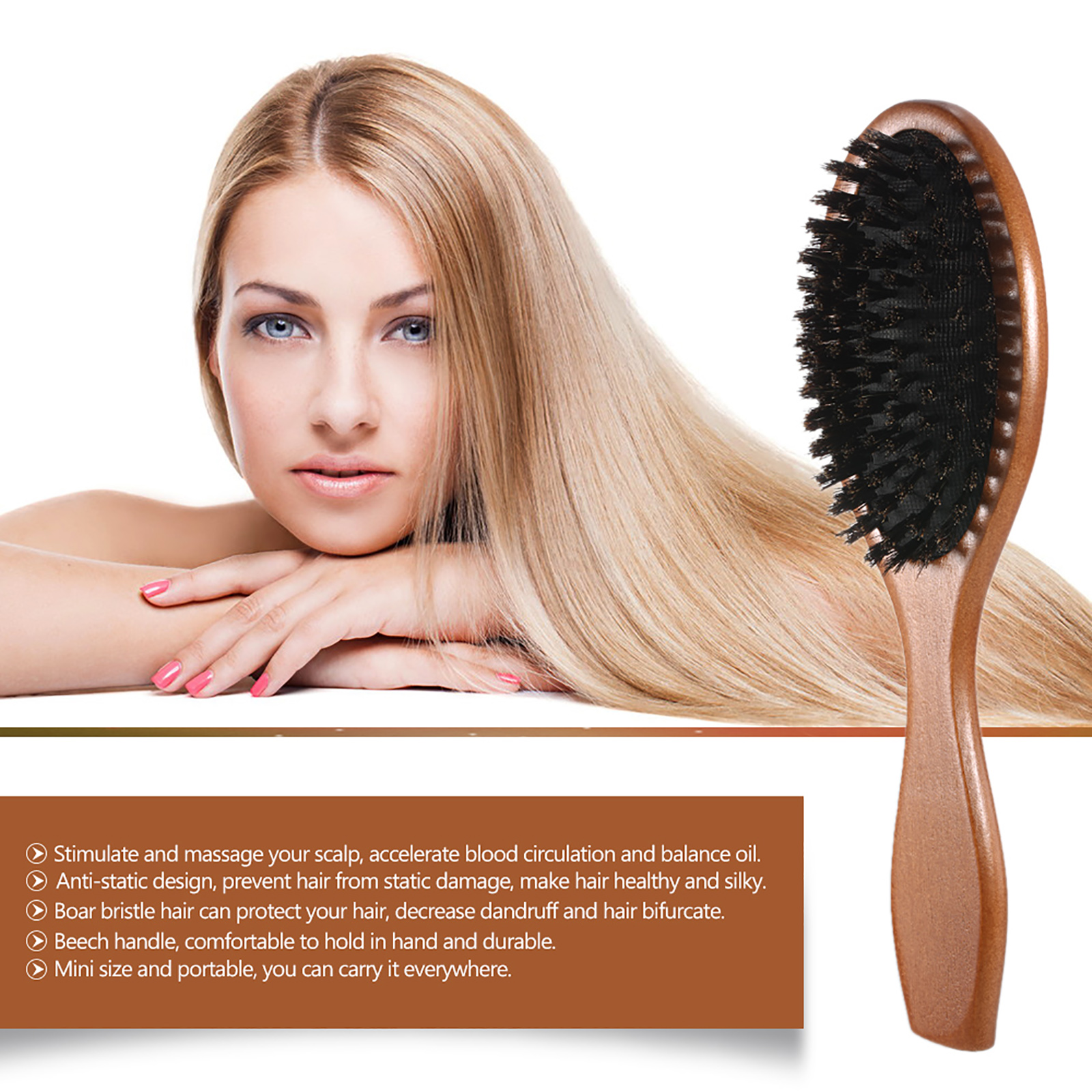 Natural Boar Bristle Hairbrush Massage Comb Anti-static Scalp Paddle Brush Beech Wooden Handle