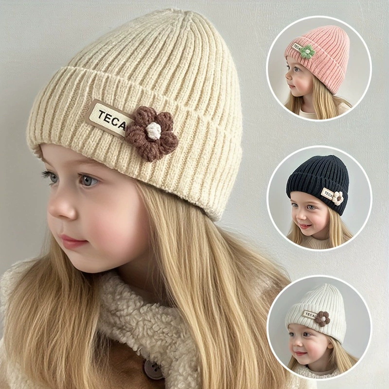 Cute Flower Print Baby Knit Hat Winter Warm Knitted Beanie Cap for Infant Girls Korean Toddler Children Cap