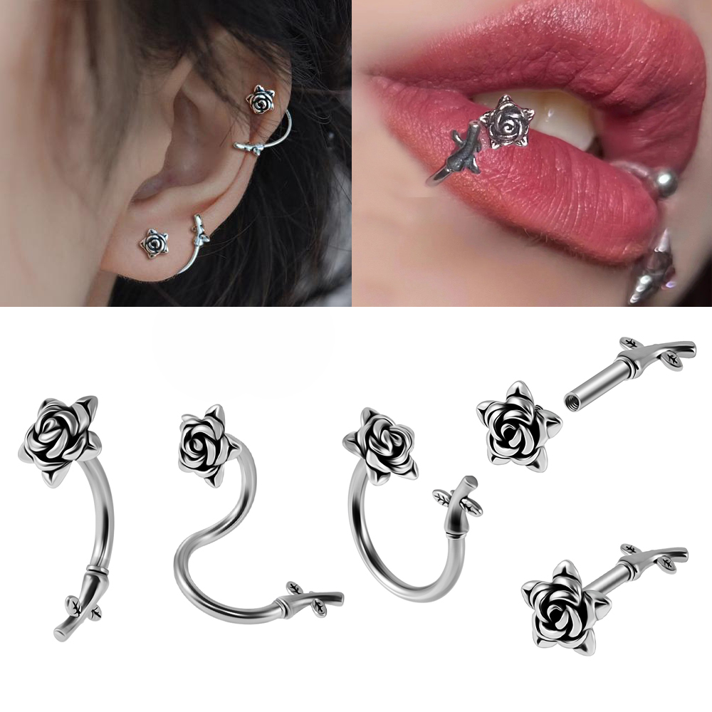 1/2/4PCS Vintage Rose Lip Ring Labret Stud Stainless Steel Ear Stud Earring C Shape Helix Cartilage Body Piercing Jewelry