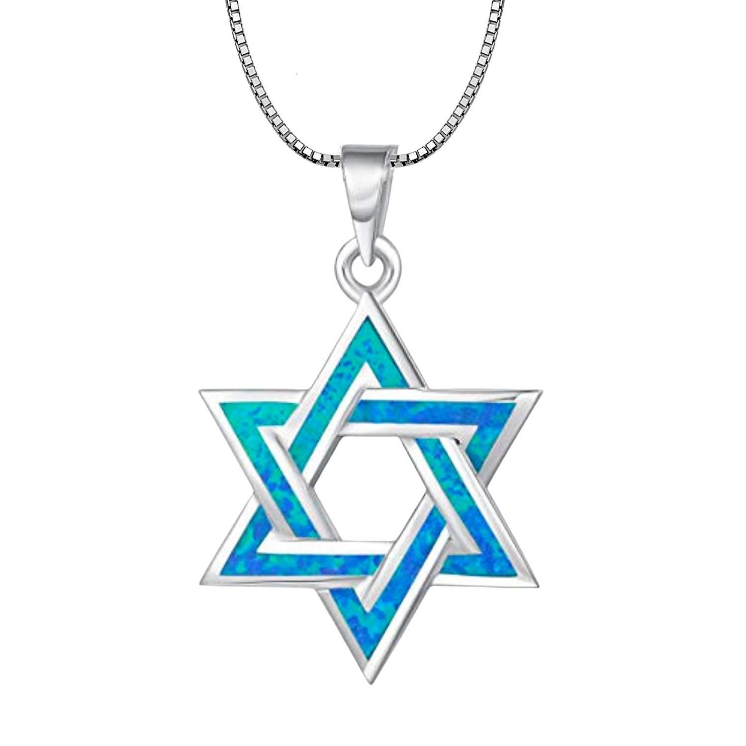 Blue Fire Opal Star of David Pendant Necklace,White K Plated Jewish Jewelry,Unisex Judaica ,Healing Crystal Choker for