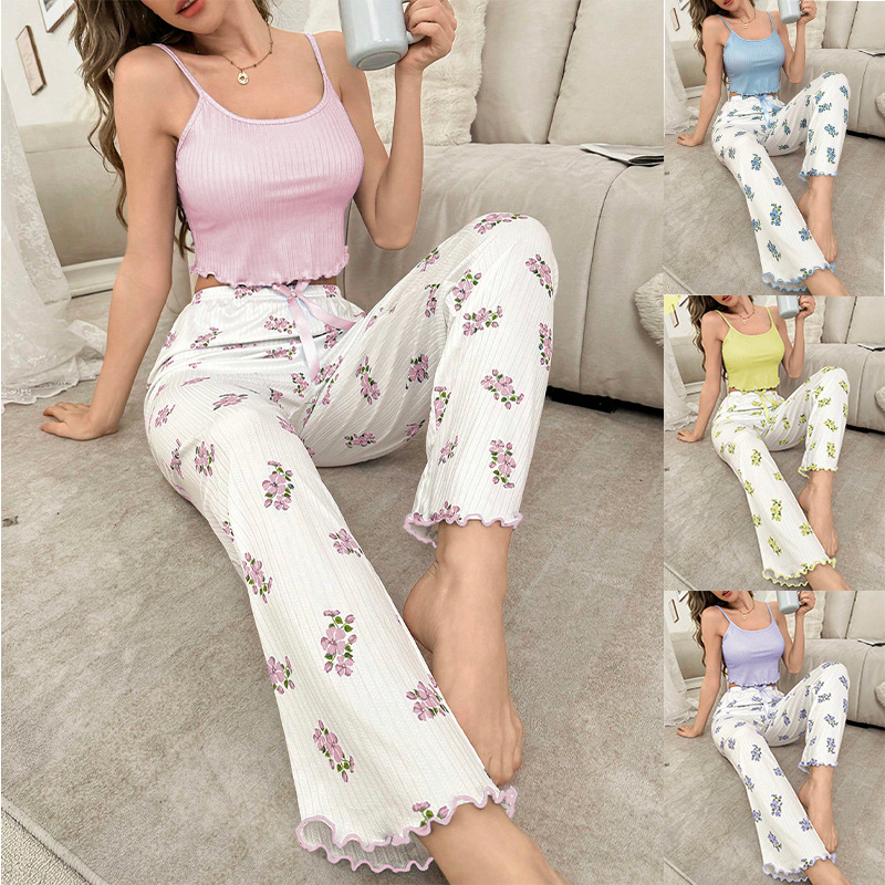 Summer women's sleepwear camisole top long pants sleepwear casual comfortable home suit set women's home suit 2 pieces