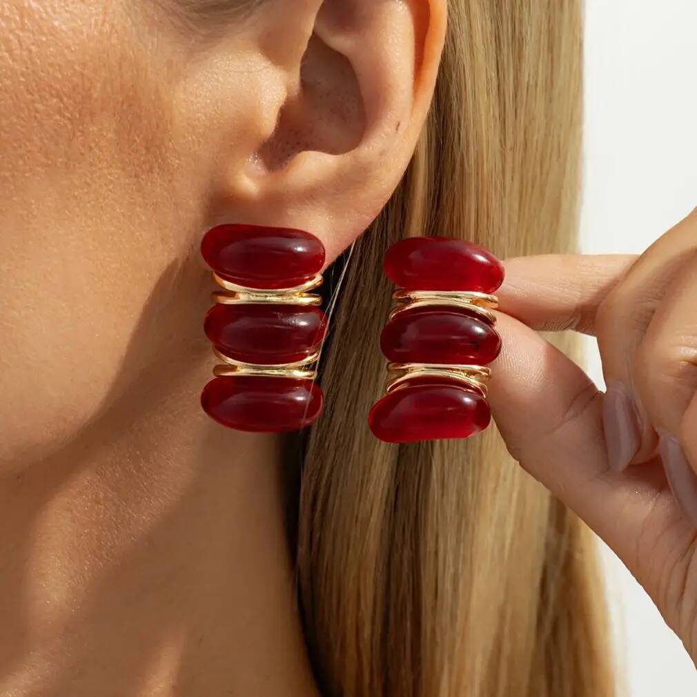 Salircon Vintage Simple Daily Wear Exquisite Stud Earrings Women Charm Red Resin Acrylic Piercing Earring Fashion Jewelry Gift