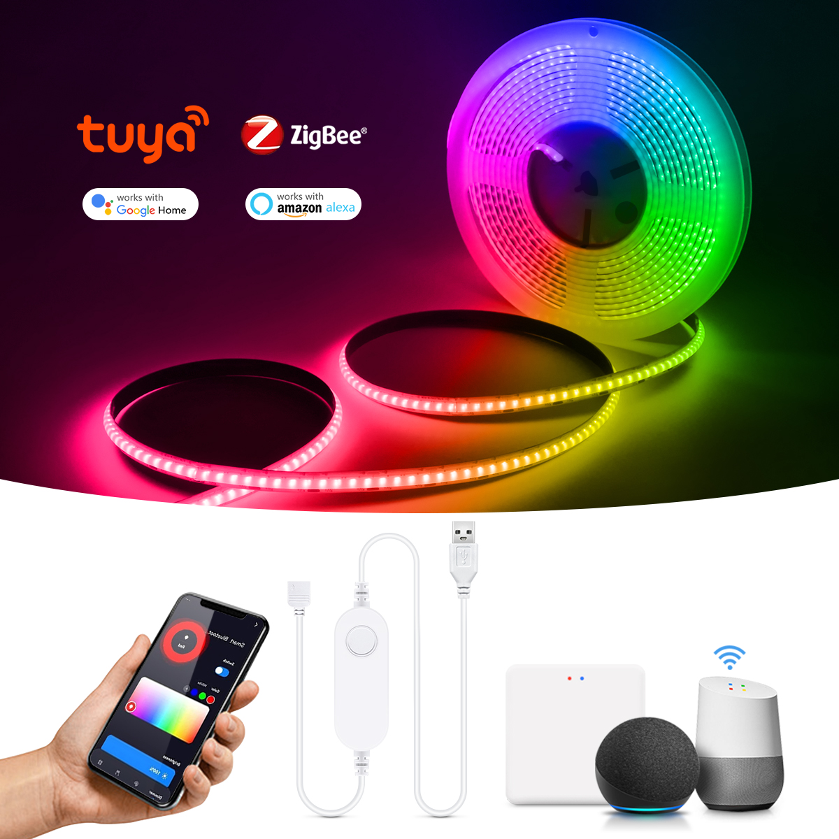 Smart USB Tuya Zigbee 5V COB LED Strip 1m 2m 3m 5m Warm White Dimmable Bedside Cabinet Light 3000K for Alexa SmartThings lightify