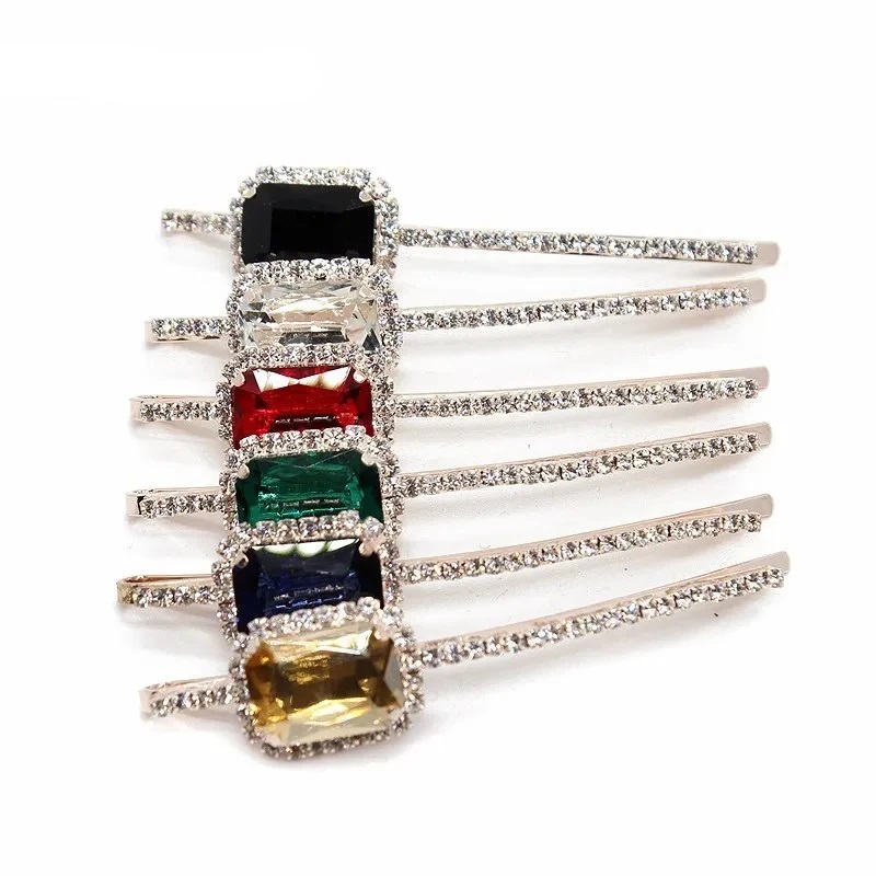 Luxury Elegant Hair Accessories Square Green Pink Purple Crystal Hair Barrette Shiny Diamante Clip For Women Girls