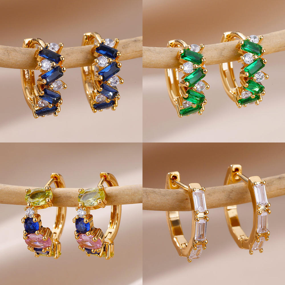 Colorful Cubic Zircon Hoop Earrings for Women Luxury Gold Color Stainless Steel Earrings Trendy Piercing Aesthetic Ear Jewelry