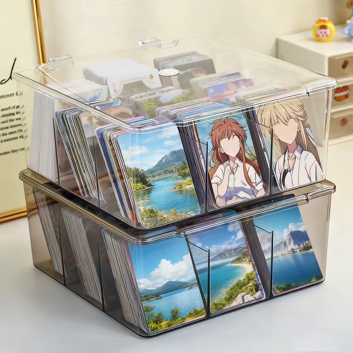 1pc multifunctional transparent black/transparent acrylic card storage box with 9 compartments that can hold over 1500 postcards