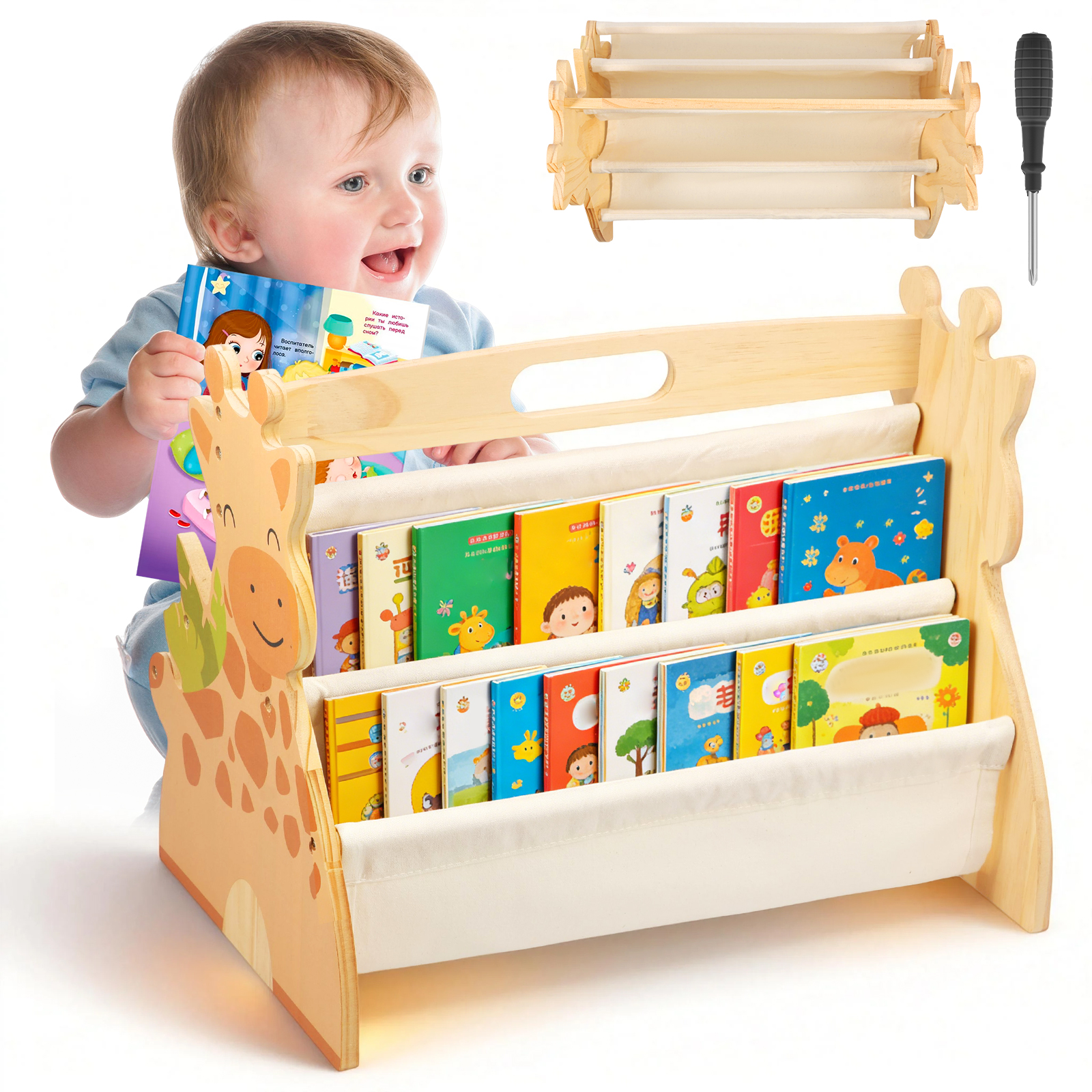 Kid Bookshelf Double Sided 4 Tier Multi-Layer Portable Wood Toddler Montessori Bookshelf for Kid Room Nursery Bedroom Playroom