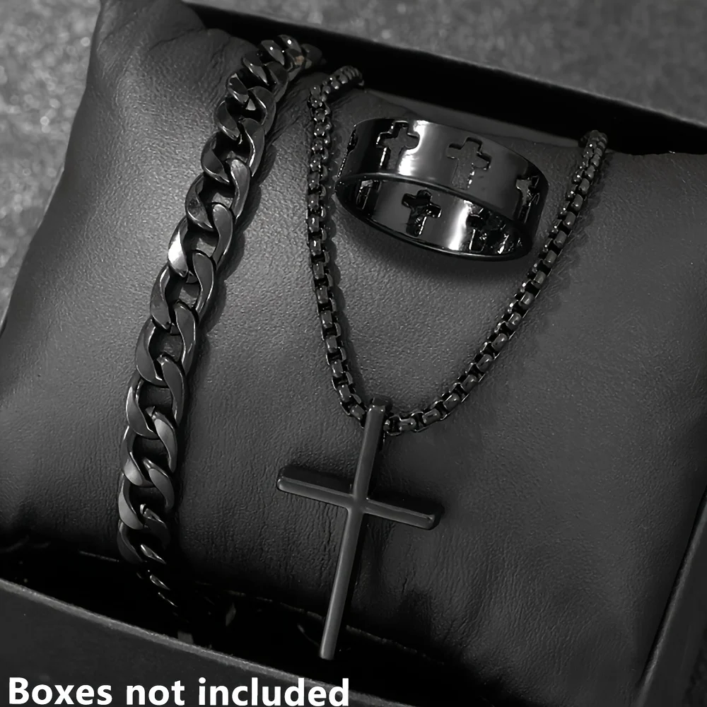 Cross-Style Accessories Set Bracelet Necklace Ring 3 Pieces Stainless Steel Elegant Suitable Both Men Women Fashionable Set