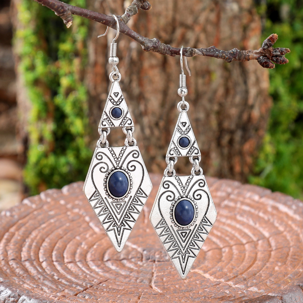 1 Pair Ethnic Style Earrings for Women Geometric Rhombus Vintage Silver Boho Accessories Daily Wear Party Decors Versatile