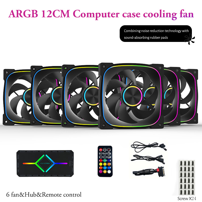 CX FUTRUE 12 cm Cooling Fan 6 Pieces, Paired with 1 Pc Dual 9-Port Hub. Both the Fans and the Hub Support ARGB Light Synchroniza