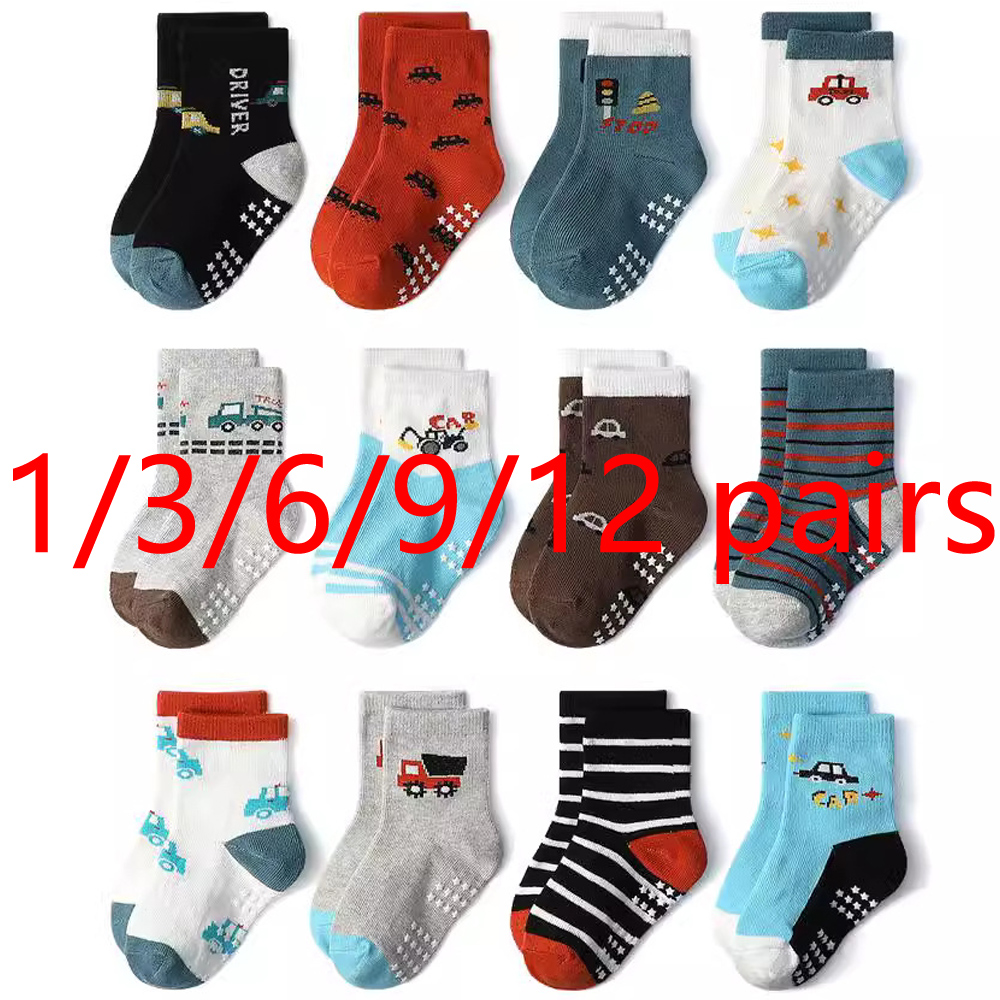 1/3/6/9/12 Pairs Kids Floor Socks Sets for Baby Boys Cotton Non-slip Cute Cartoon Patterned Breathable Baby Trampoline Socks
