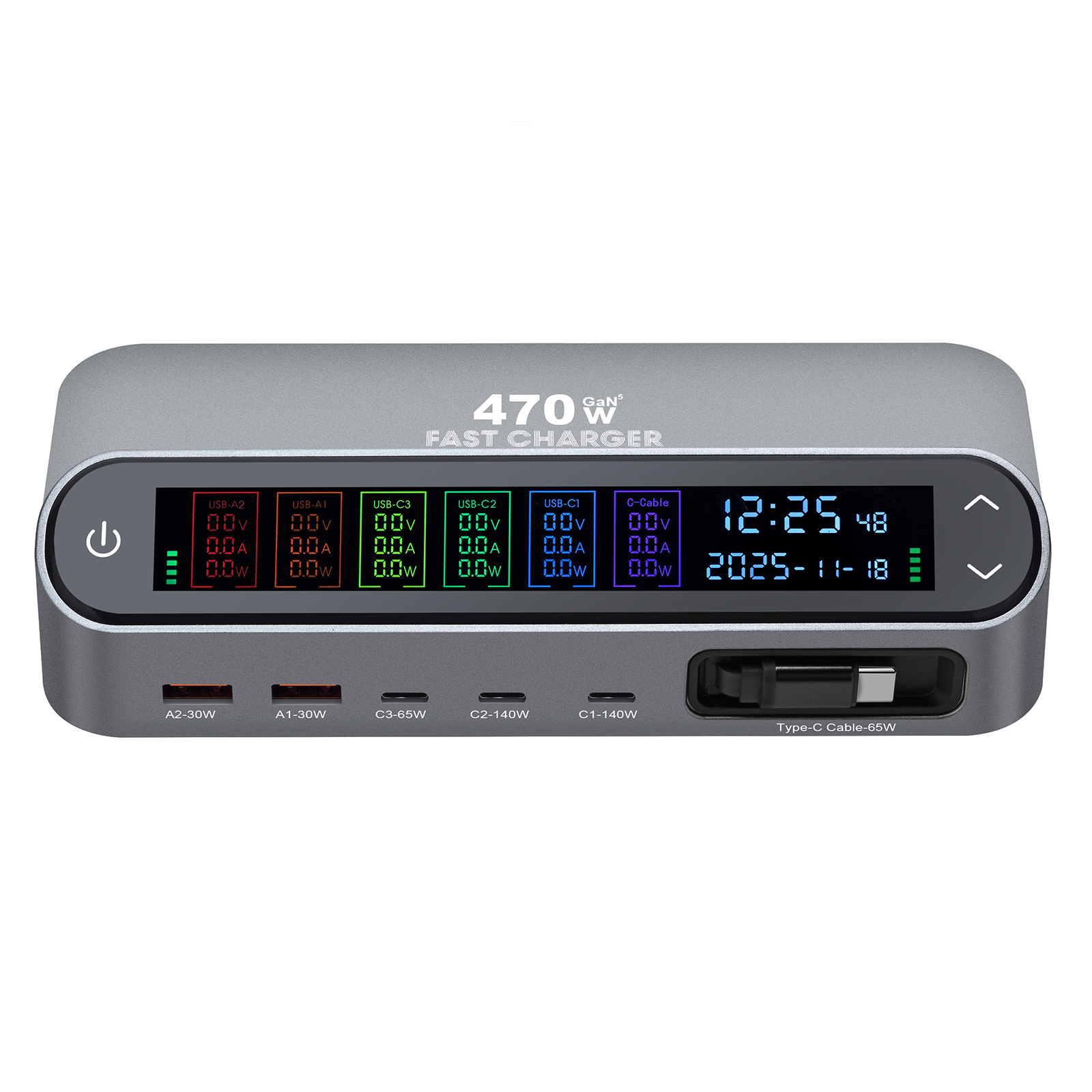 470W GaN Fast Charger Station with LCD Screen Built-in 65W Cable 140W Type-C Port, for iPhone Laptop Tablet