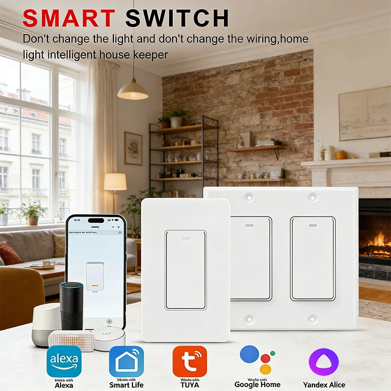 Tuya Wi-Fi Smart Button Wall Switch US Single-Live,Work with Alexa and Home,Neutral Wire Required