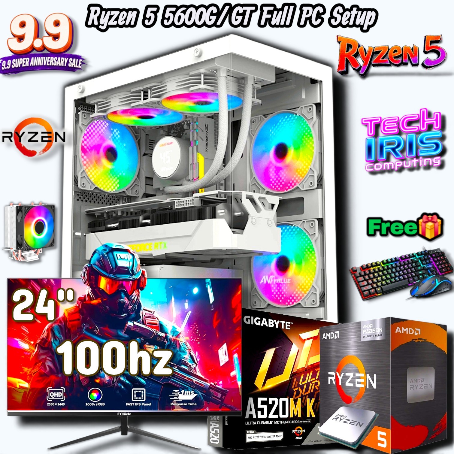RTX 3050 Graphics Powered With 24" 100HZ Monitor Gaming PC Setup, 800WATT PSU, 8/16GB DDR4 RAM, 512/256GB NVMe M.2 SSD Gaming CPU