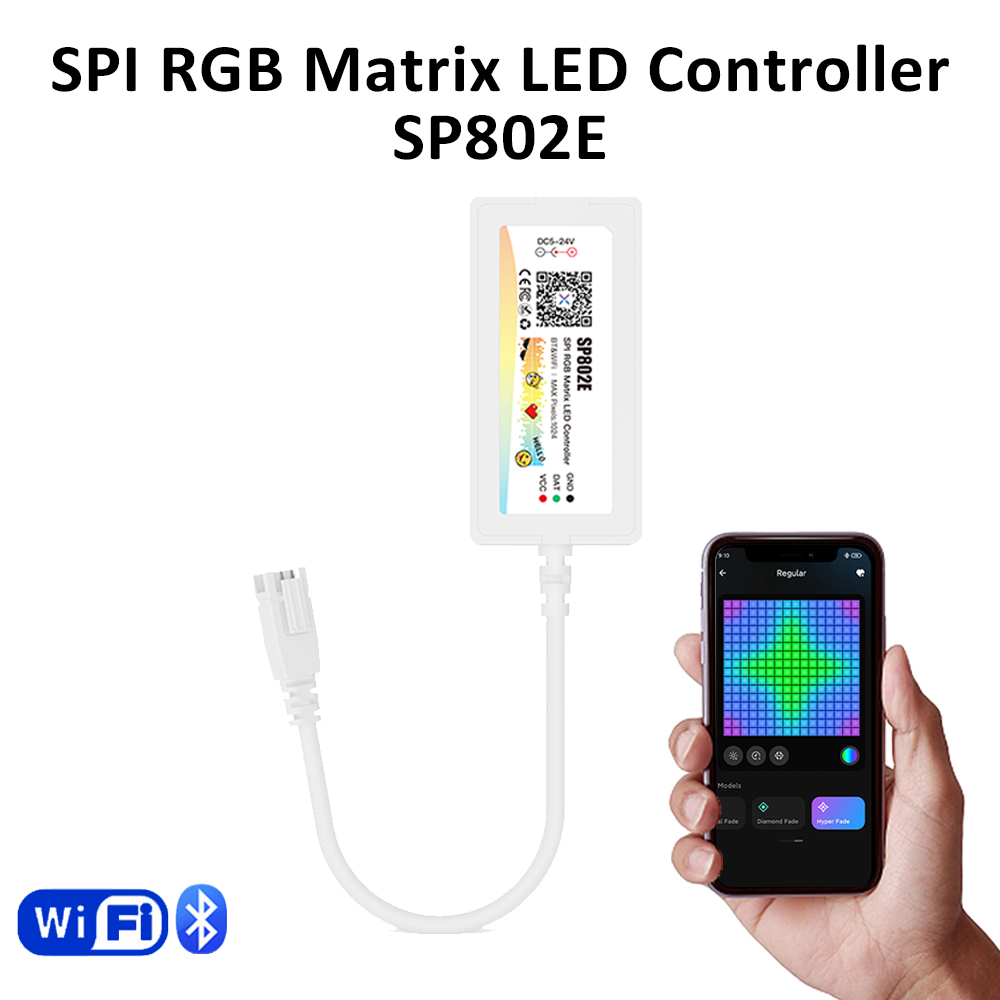 SP802E W2812B WS2811 1903 SPI RGB Matrix LED Controller Panel Animation Music Wifi APP Wireless Control DC5-24V 1024 Pixels