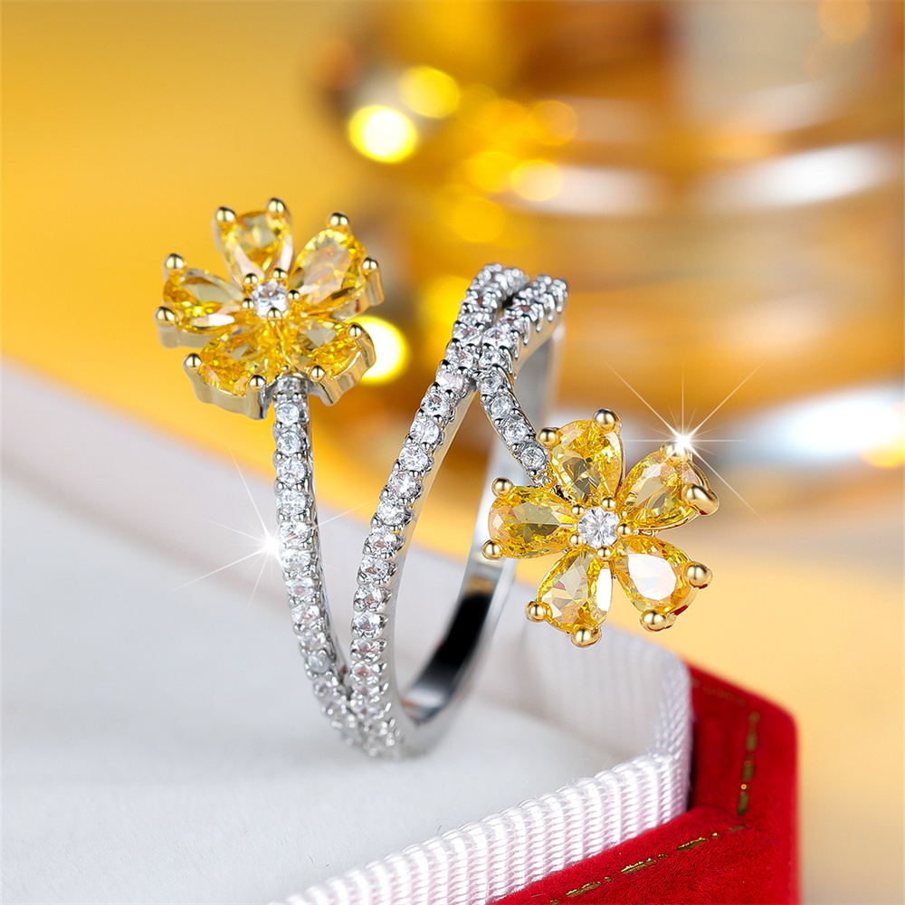 Yellow Crystal Zircon Daisy Flower Rings For Women Vintage Silver Color Engagement Ring Wedding Jewelry Bridal Valentine s
