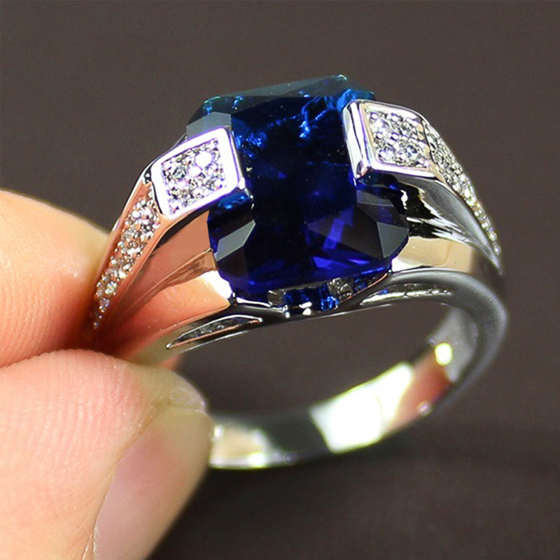 Huitan Luxury Deep Blue Solitaire Rings for Women Engagement Wedding Noble Female Finger Ring Timeless Classic Jewelry