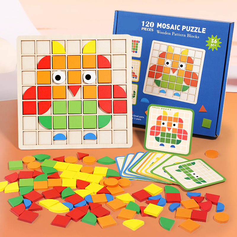 Wooden Montessori 120pcs PuzzleToys Mosaic Color Shapes Sensory Game Early Educational Toy Jigsaw Pattern Blocks for Toddler's