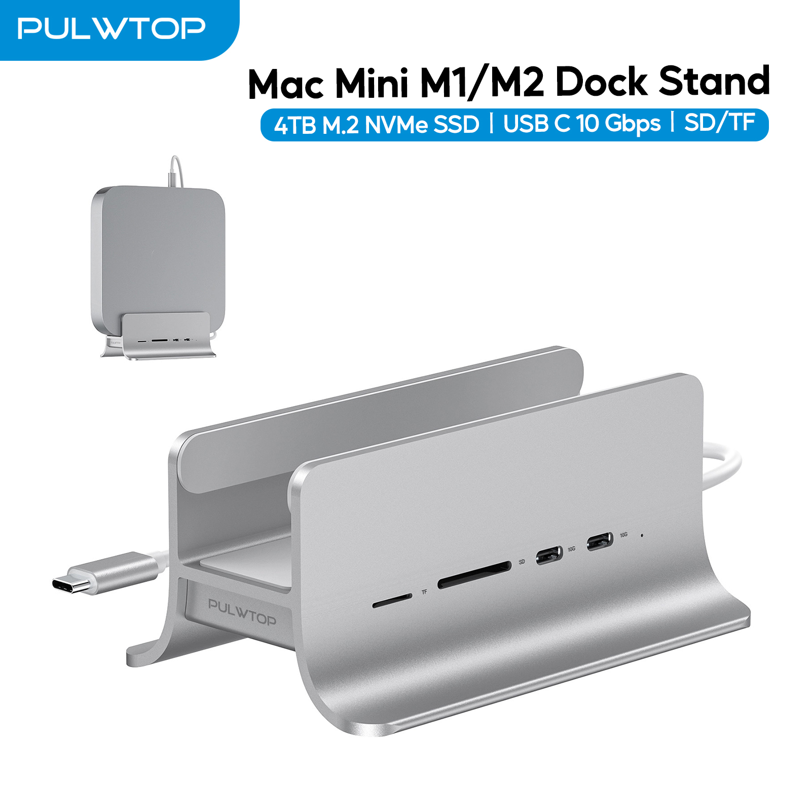 PULWTOP 5-in-1 USB C Hub for Mac Mini M1/M2, Mac Mini Hub Supports M.2 NVMe SSD Expansion, with 2x USB C 3.2 10Gbps, SD/TF