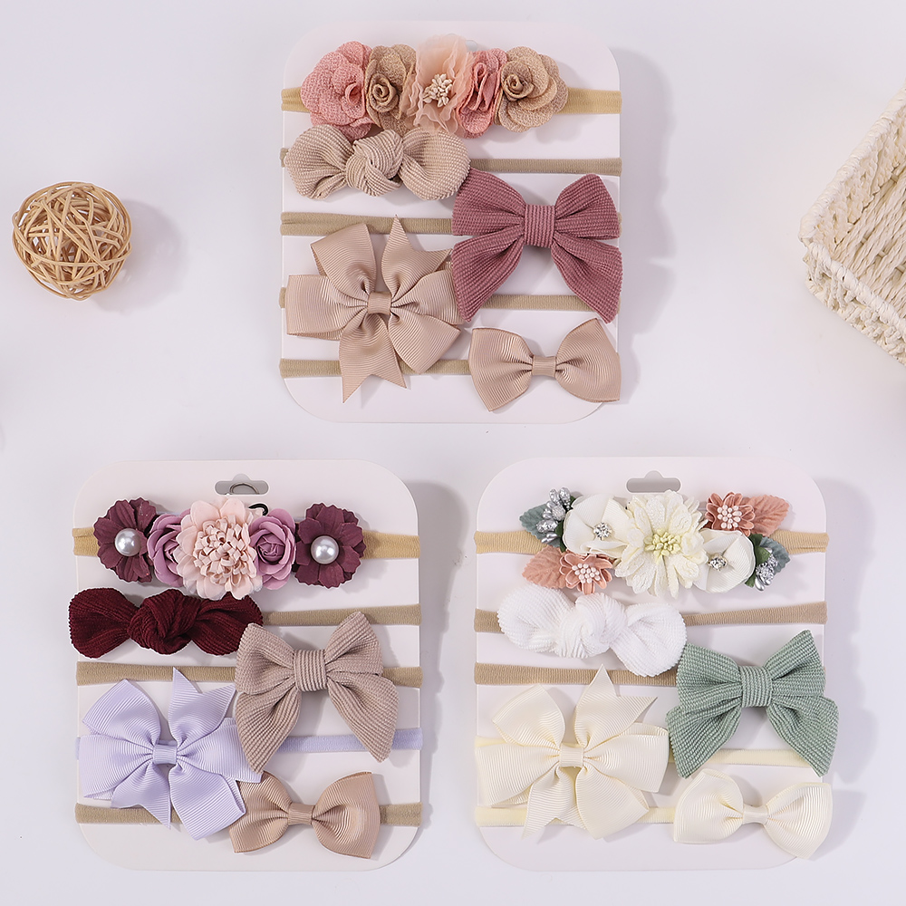 5Pcs/Set Soft Baby Bows Lace Flower Headband Nylon Cotton Hair Bands for Girls Newborn Toddler Children Print Hair Accessories
