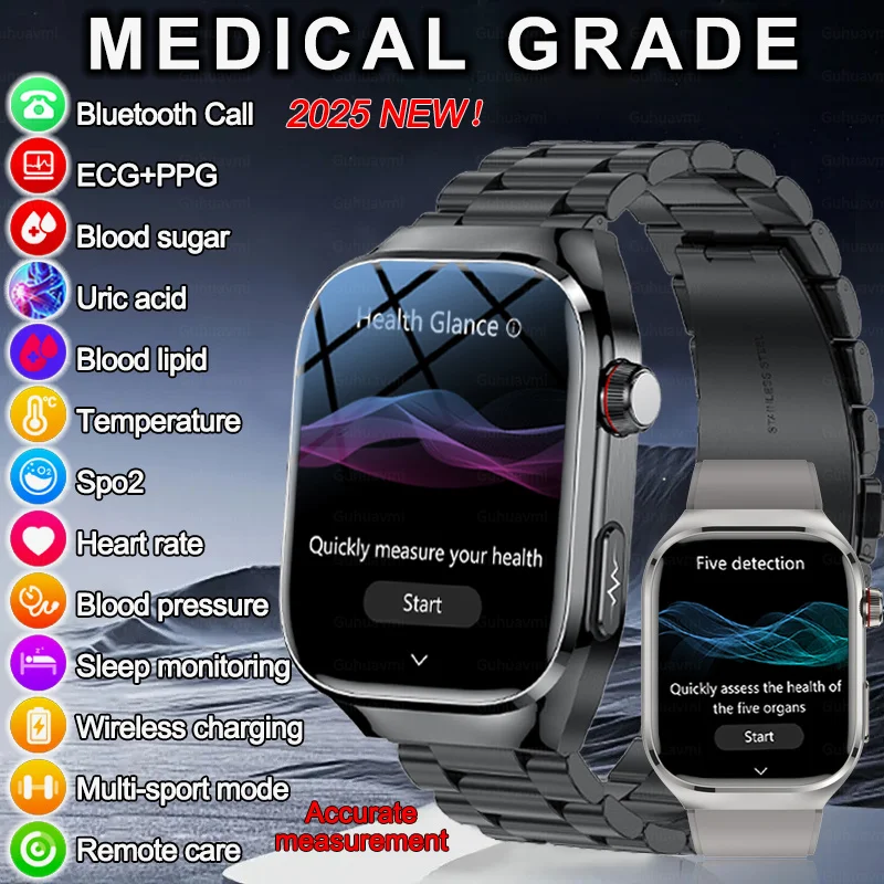 2025 New Accurate Measure Blood Sugar Lipids Uric Acid Smart Watch Men ECG Blood Pressure Health SmartWatches For Android
