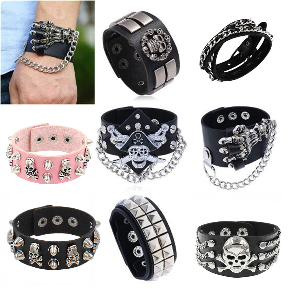 New Pink Skull Skeleton Chain Spikes Rivet Stud Bracelets Wide Cuff PU Leather Punk Gothic Rock Unisex Bracelet Men Jewelry