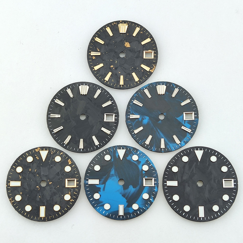 28.5mm NH35 Dial Carbon Fiber Dial Blue Luminous No Logo High Quality NH35 Watch Dial Fit NH35/36/38/39/70 Movements Watch Parts