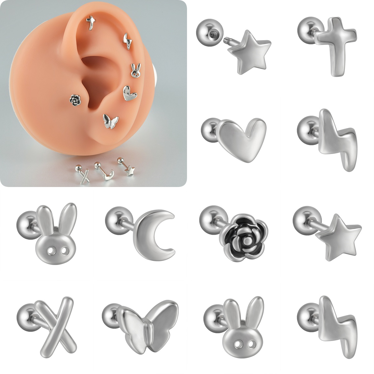 1PCS Stainless Steel High Quality Rabbit Cross Cute Ear Studs Ear Tragus Cartilage Helix Earrings Girl Ear Lobe Piercing Jewelry