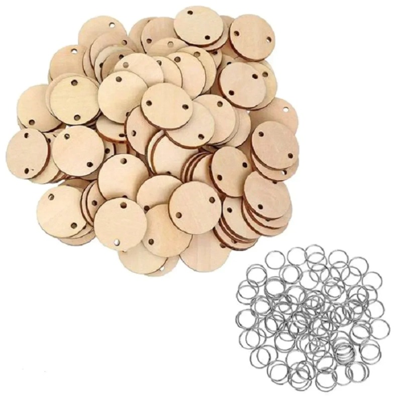 50 Pieces Wood Tags Round Heart Shaped Wooden Discs with 2 Holes and 50 Pieces Rings for Birthday Board Calendar DIY Crafts