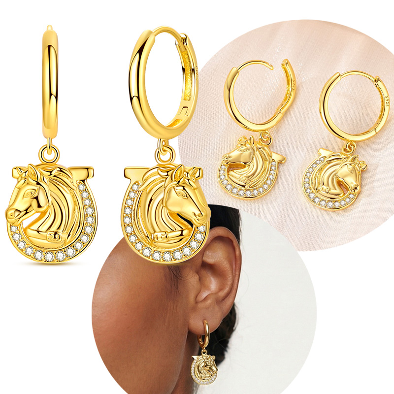 2026 New Original 925 Sterling Silver Golden Horse Head Zircon Horseshoe Pendant Hoop Earrings For Women Jewelry