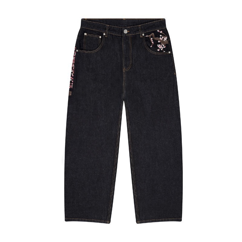 Autumn And Winter Men'S Jeans Japanese Korean Casual Straight Leg Pants Plum Blossom Embroidered Street Jeans Y2k Baggy Pants